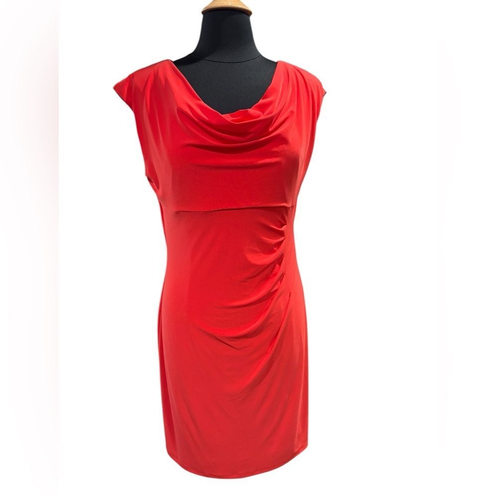Vibrant Coral Cowl Neck Sleeveless Dress by Ronni Nicole-size 10